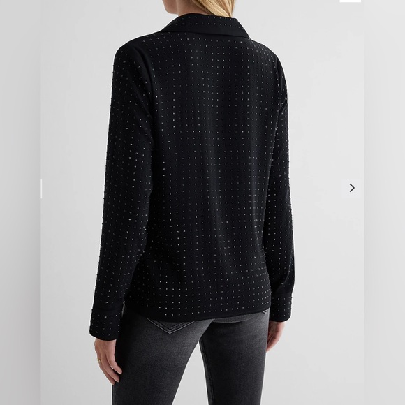 EXPRESS Black on Black Rhinestone Studded Collared Portofino Shirt Small - Picture 5 of 13